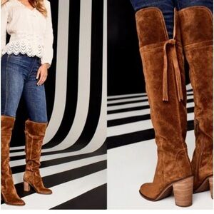 Franco Sarto Suede Leather Knee High Tassel Zipper Cognac Brown Heeled Boots 10